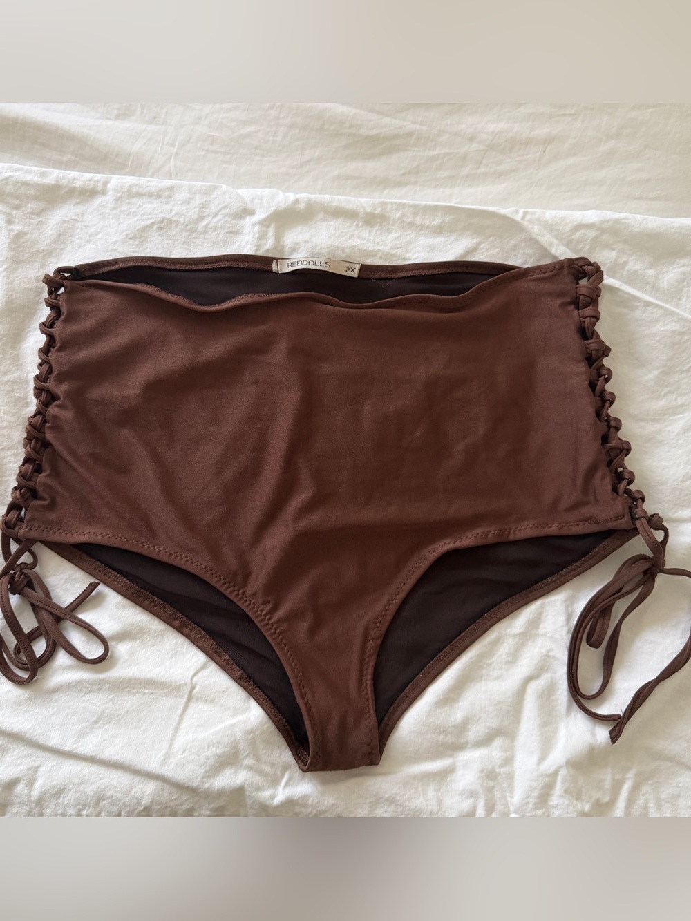 Rebdolls High-Waist Brown Bikini Bottom with Side Lace-Ups 2x
